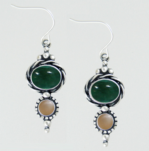 Sterling Silver Drop Dangle Earrings With Fluorite And Peach Moonstone